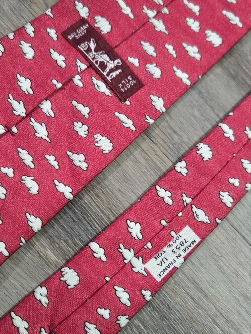 Vintage Hermes Paris Red Silk Necktie Cloud Bunny Rabbit Pattern France 7853 UA
